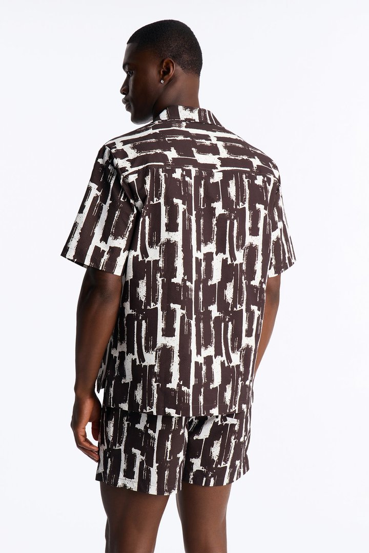 Seersucker Printed Short Sleeve Cuban Collar Shirt - Brown/combo