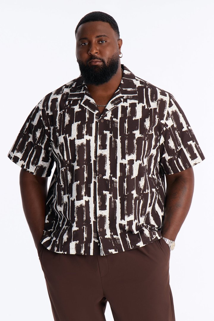 Seersucker Printed Short Sleeve Cuban Collar Shirt - Brown/combo