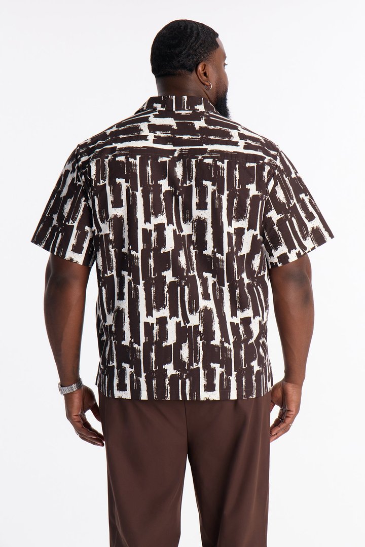 Seersucker Printed Short Sleeve Cuban Collar Shirt - Brown/combo