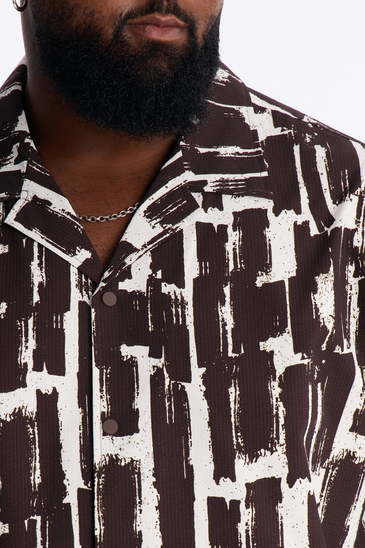 Seersucker Printed Short Sleeve Cuban Collar Shirt - Brown/combo