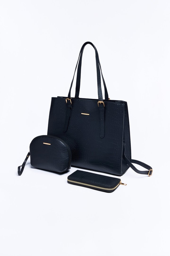 More Than A Faux Leather 3 Piece Tote Handbag Set - Black