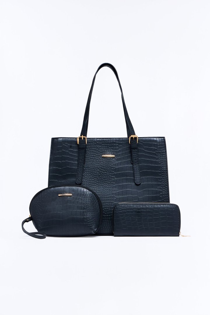 More Than A Faux Leather 3 Piece Tote Handbag Set - Black