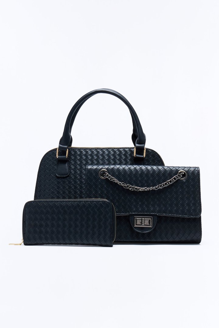 Bag It Up Faux Leather 3 Piece Satchel Handbag Set - Black