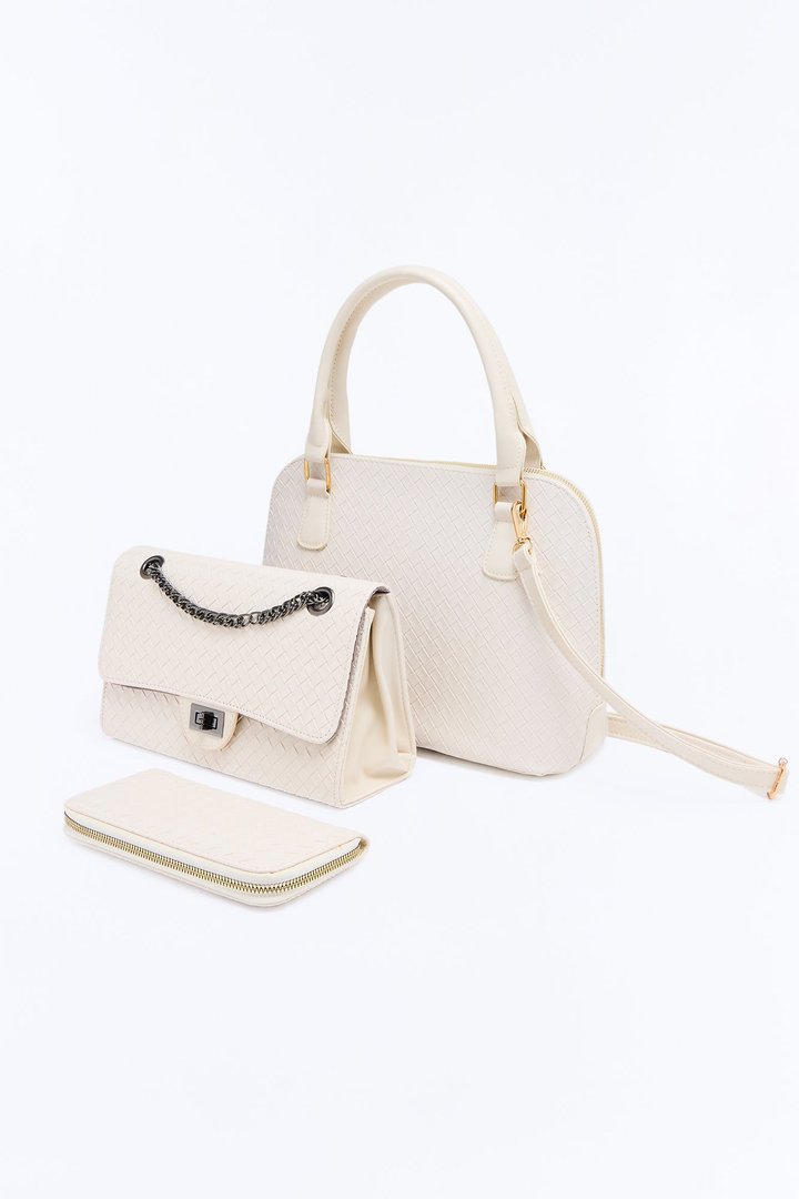 Bag It Up Faux Leather 3 Piece Satchel Handbag Set - Ivory