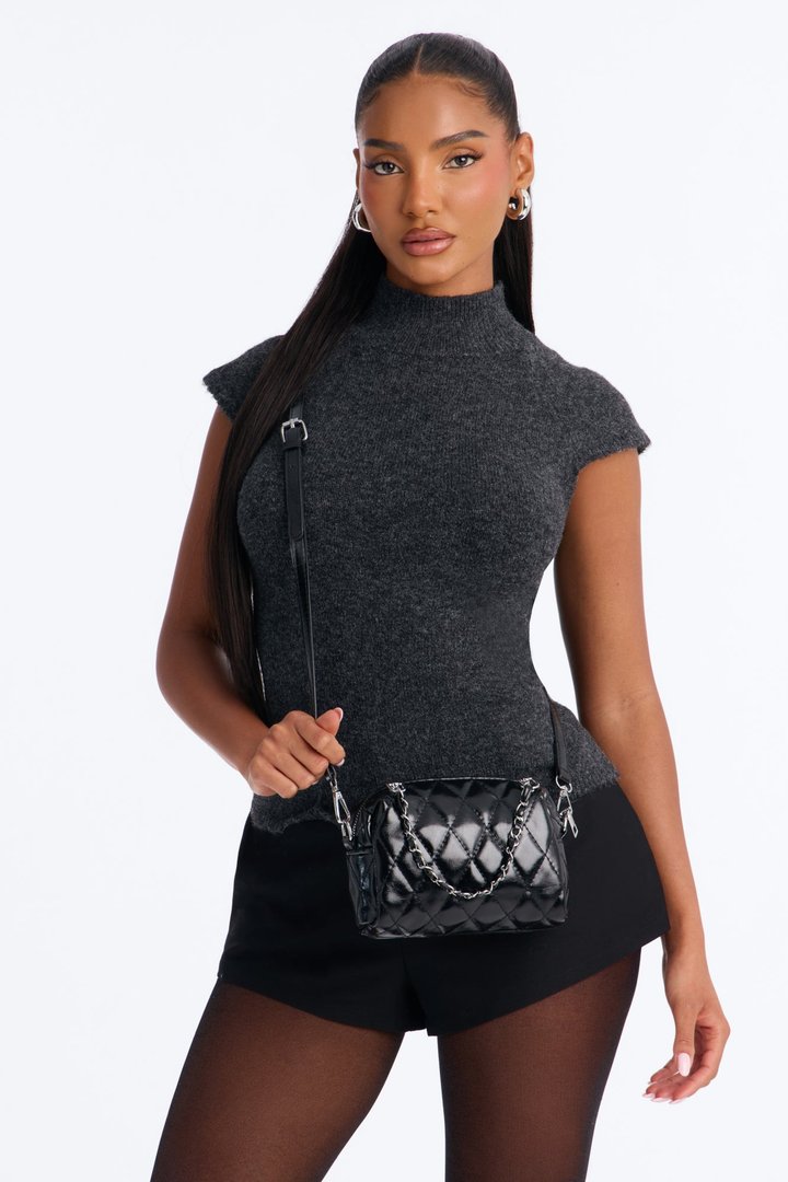 Quilty Pleasure Faux Leather Crossbody Handbag - Black