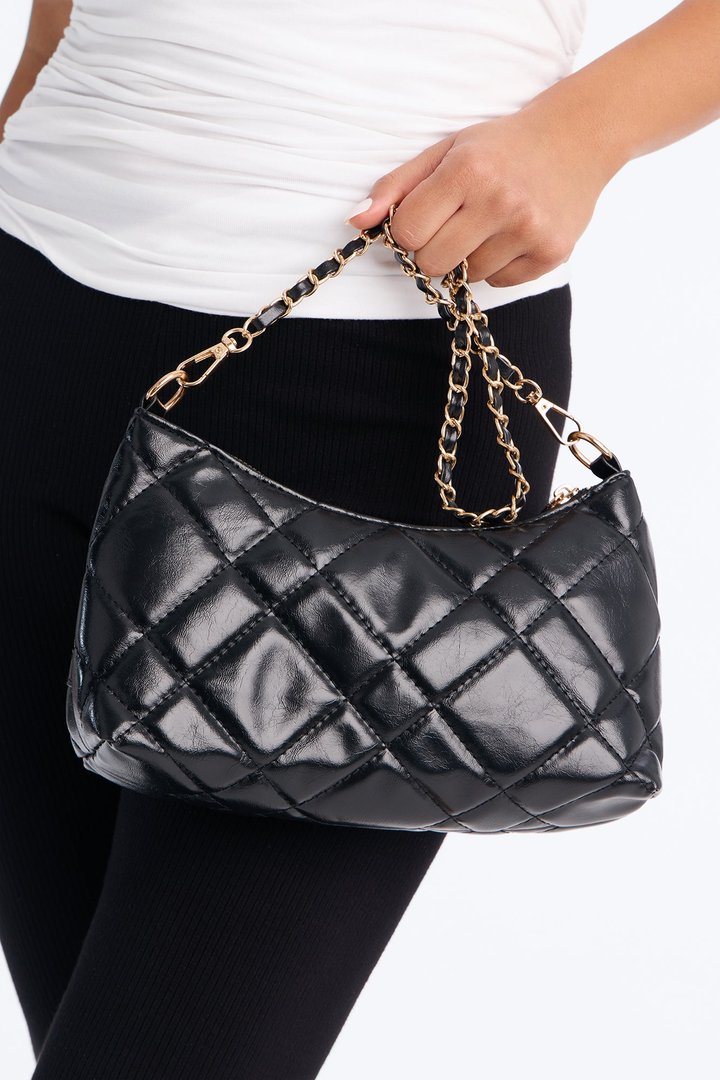 Stitch Please Quilted Faux Leather Shoulder Handbag - Black