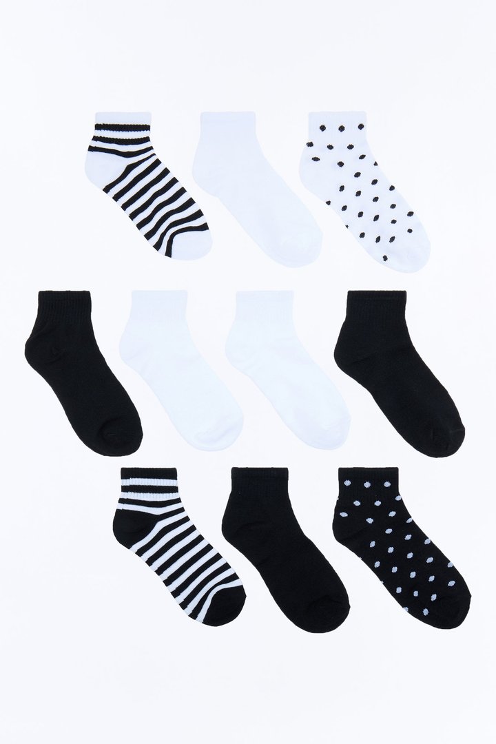 10 Pack Dots And Stripes Quarter Length Socks - Black/combo