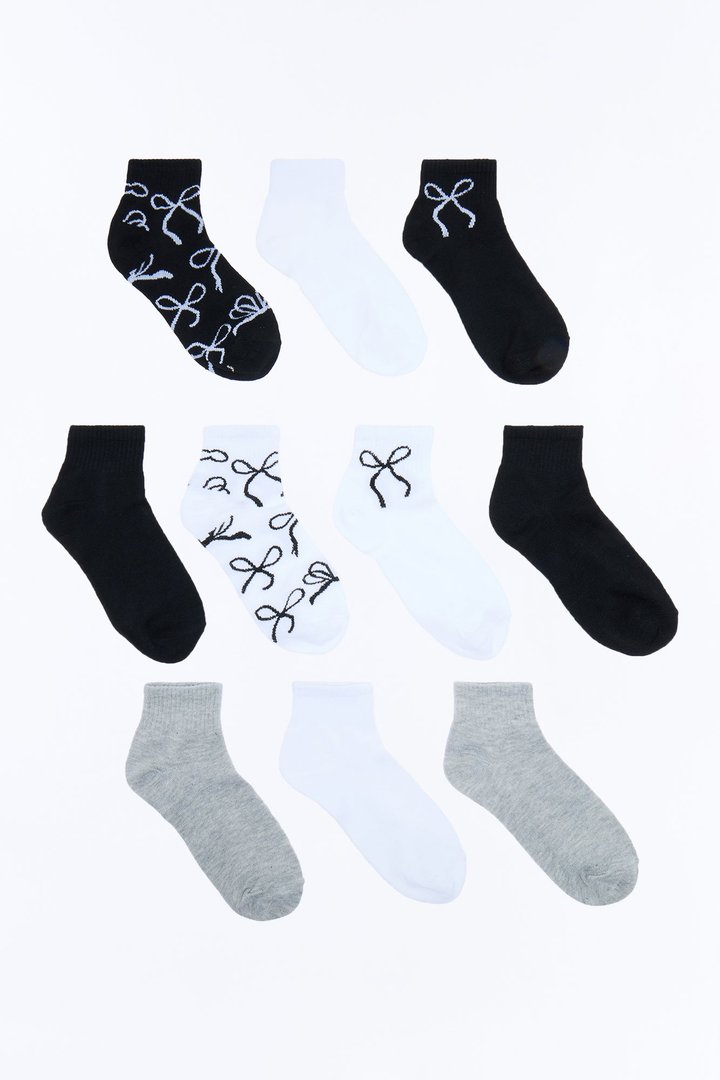 10 Pack Bow Quarter Length Socks - Black/combo