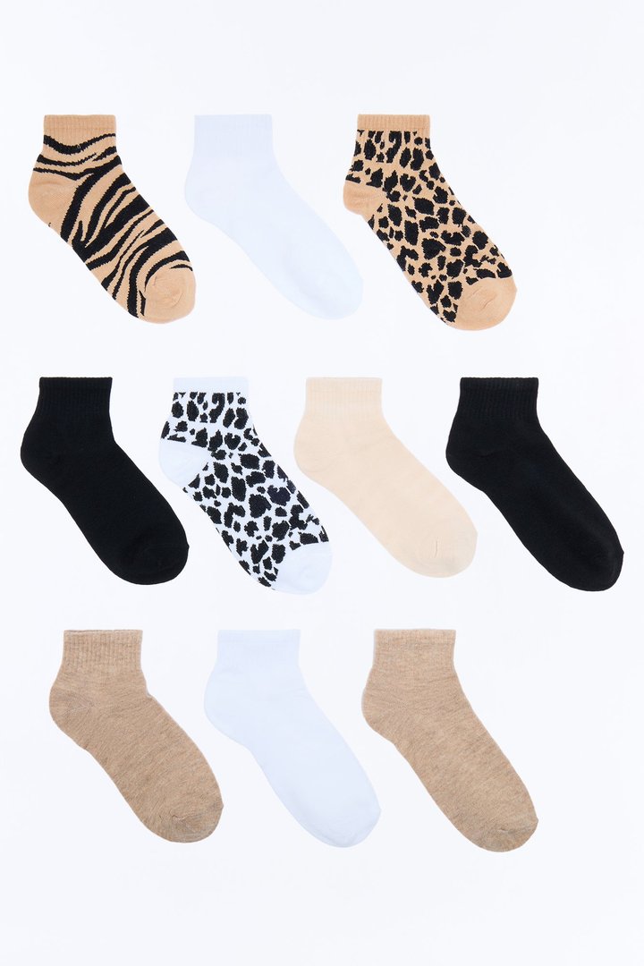 10 Pack Wild Animal Quarter Length Socks - Brown/combo