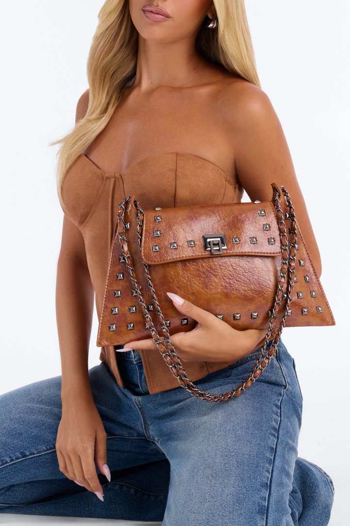 Stud Behavior Faux Leather Shoulder Handbag - Brown