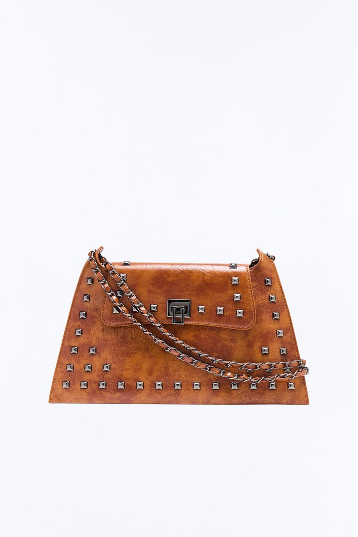Stud Behavior Faux Leather Shoulder Handbag - Brown