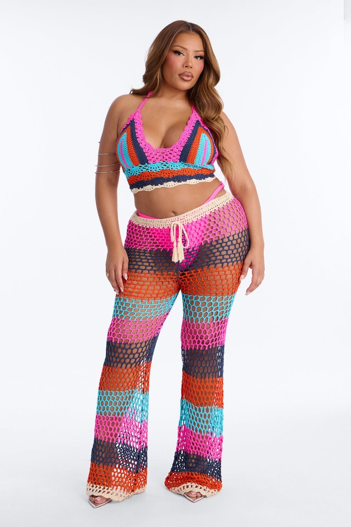 Priscilla Crochet 2 Piece Sunsuit Pants Set - Hot Pink/combo
