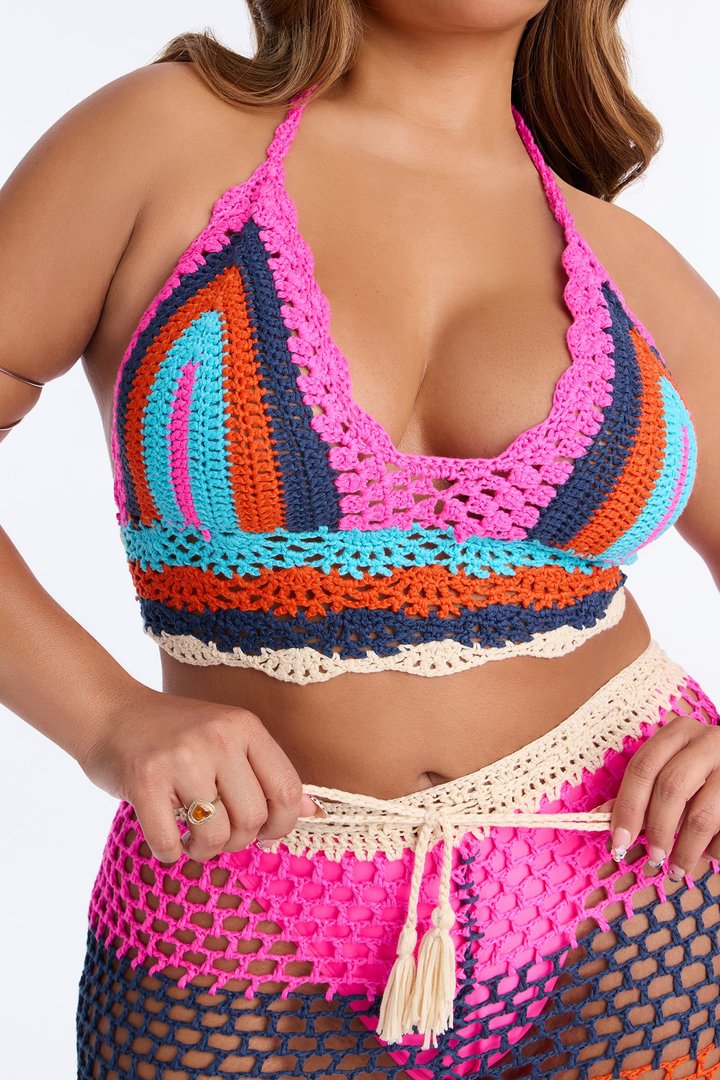Priscilla Crochet 2 Piece Sunsuit Pants Set - Hot Pink/combo