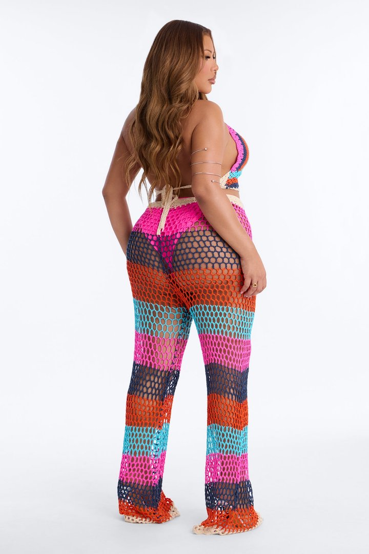 Priscilla Crochet 2 Piece Sunsuit Pants Set - Hot Pink/combo