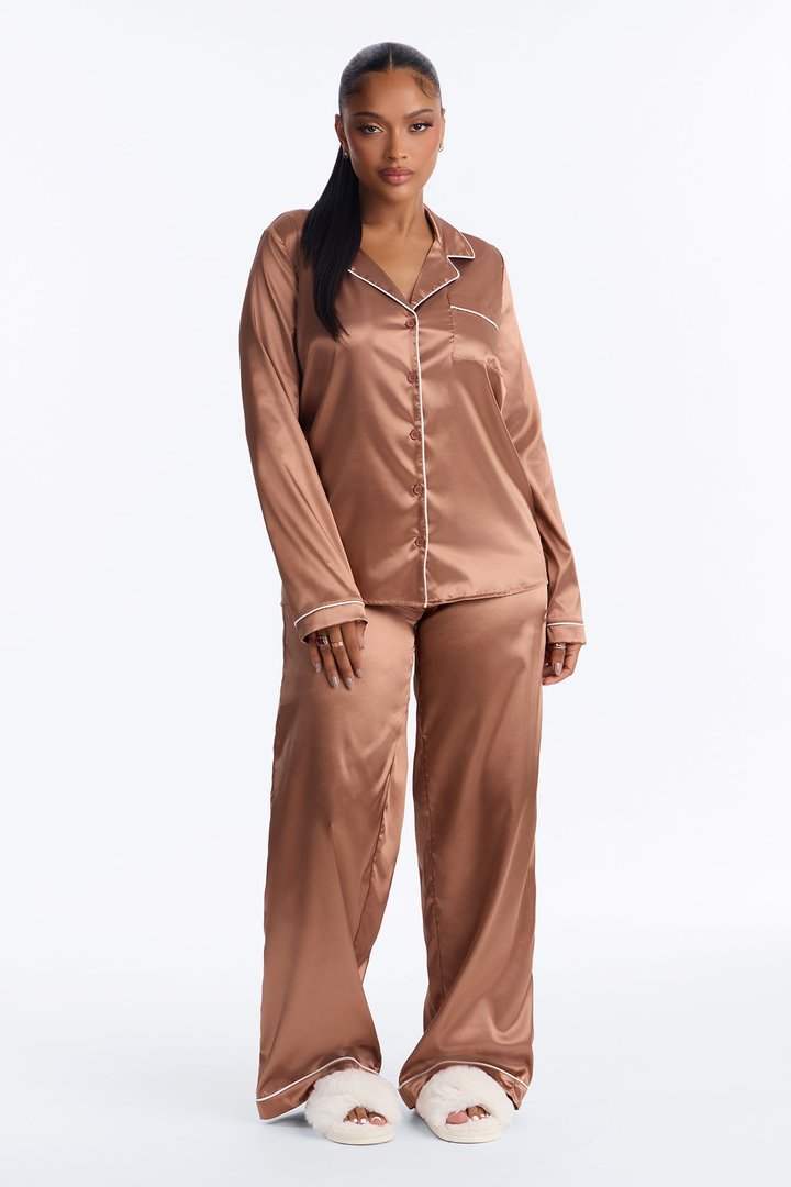 Bedtime Stretch Satin Long Sleeve PJ Pant Set - Mocha