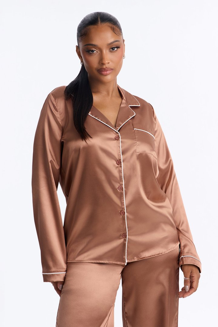 Bedtime Stretch Satin Long Sleeve PJ Pant Set - Mocha