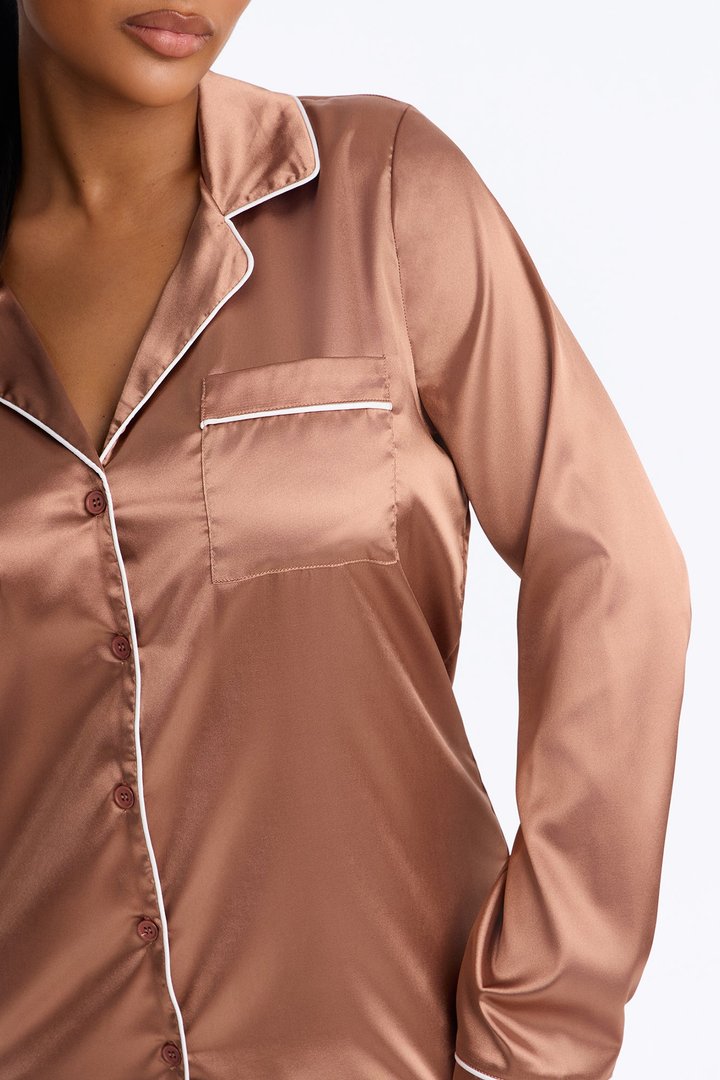 Bedtime Stretch Satin Long Sleeve PJ Pant Set - Mocha