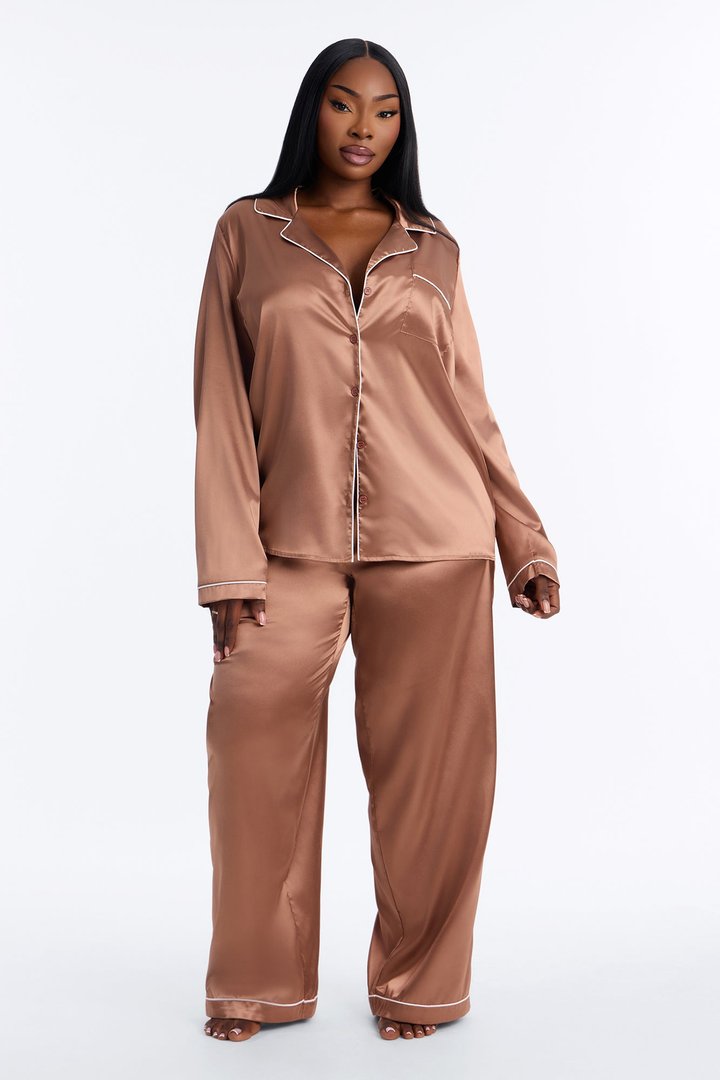 Bedtime Stretch Satin Long Sleeve PJ Pant Set - Mocha