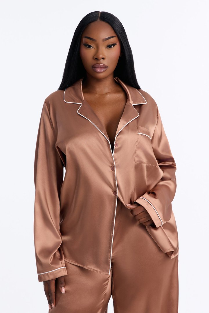 Bedtime Stretch Satin Long Sleeve PJ Pant Set - Mocha