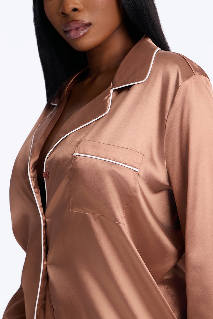 Bedtime Stretch Satin Long Sleeve PJ Pant Set - Mocha