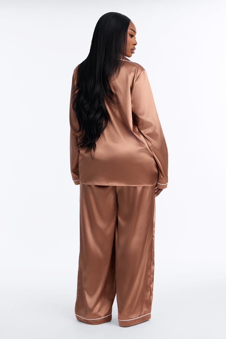 Bedtime Stretch Satin Long Sleeve PJ Pant Set - Mocha