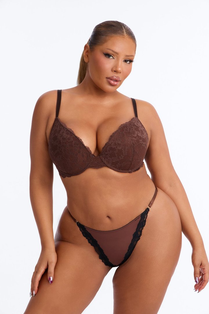 Nova Shiny Smooth Lace Trim Thong - Chocolate