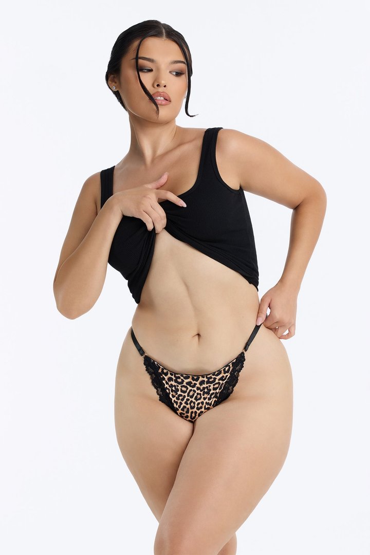 Nova Shiny Smooth Lace Trim Thong - Leopard