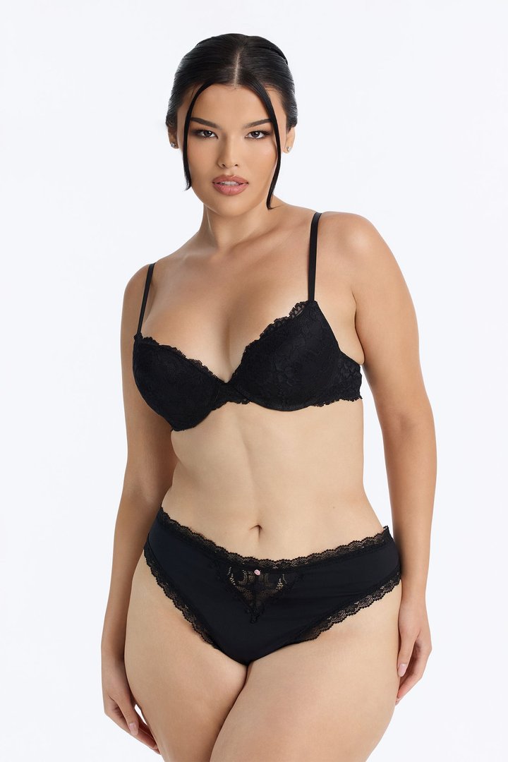Nova Lace Trim Stretch Thong Panty - Black