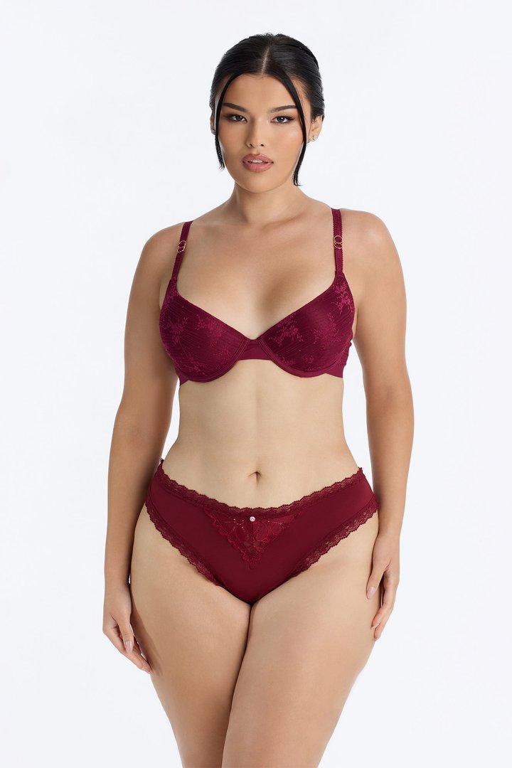 Nova Lace Trim Stretch Thong Panty - Burgundy