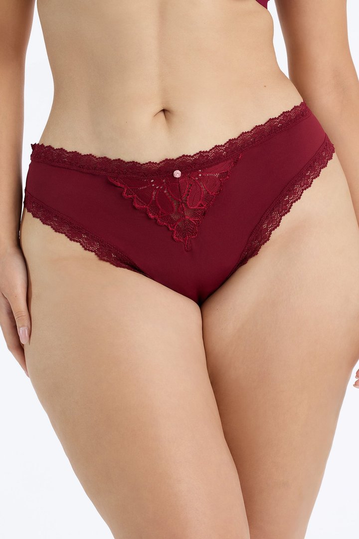 Nova Lace Trim Stretch Thong Panty - Burgundy