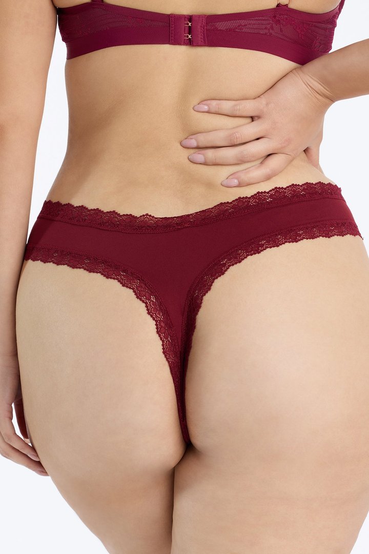 Nova Lace Trim Stretch Thong Panty - Burgundy
