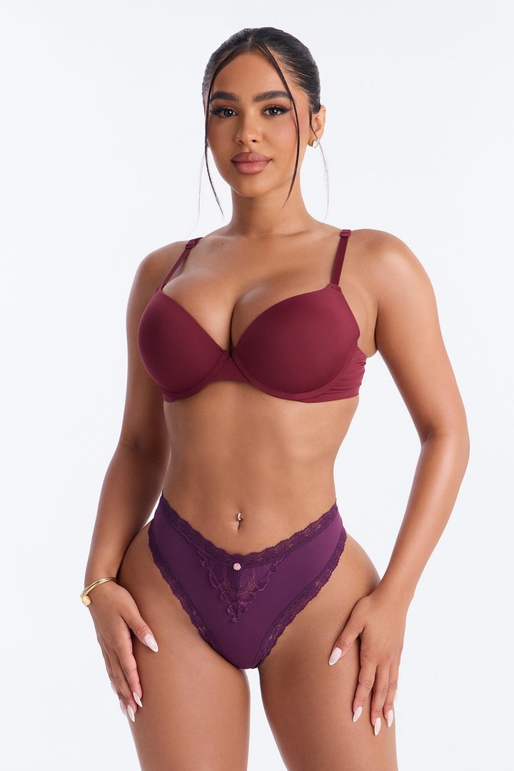 Nova Lace Trim Stretch Thong Panty - Plum
