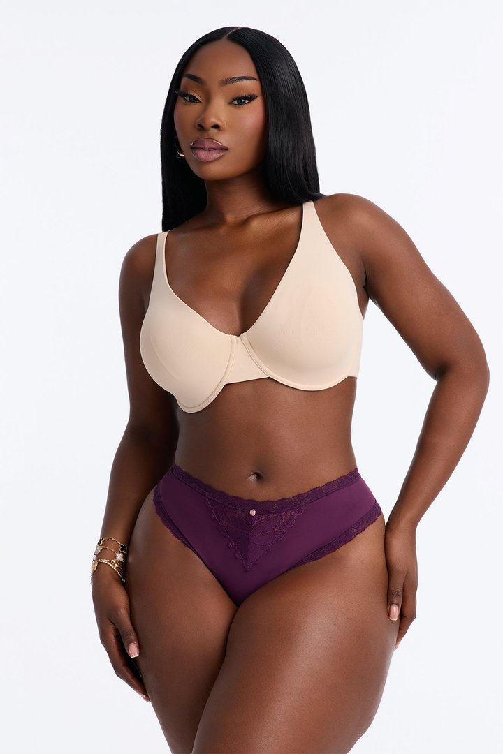 Nova Lace Trim Stretch Thong Panty - Plum