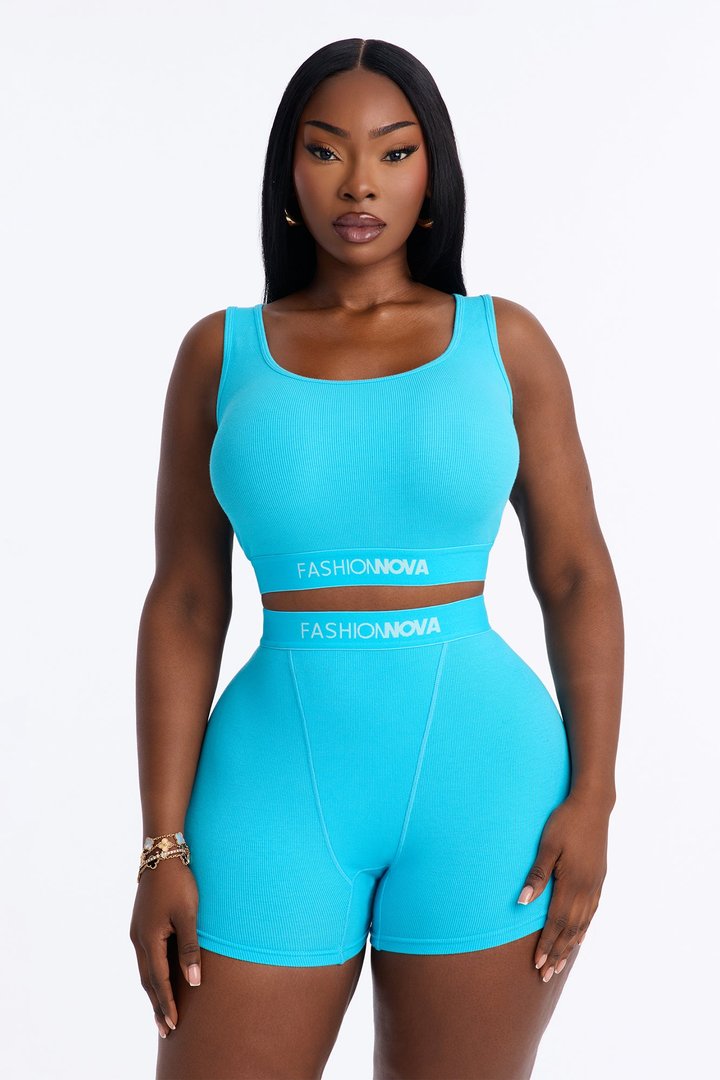 FN Mood Cotton Ribbed Racer Back Bra and Boxer Set - Aqua