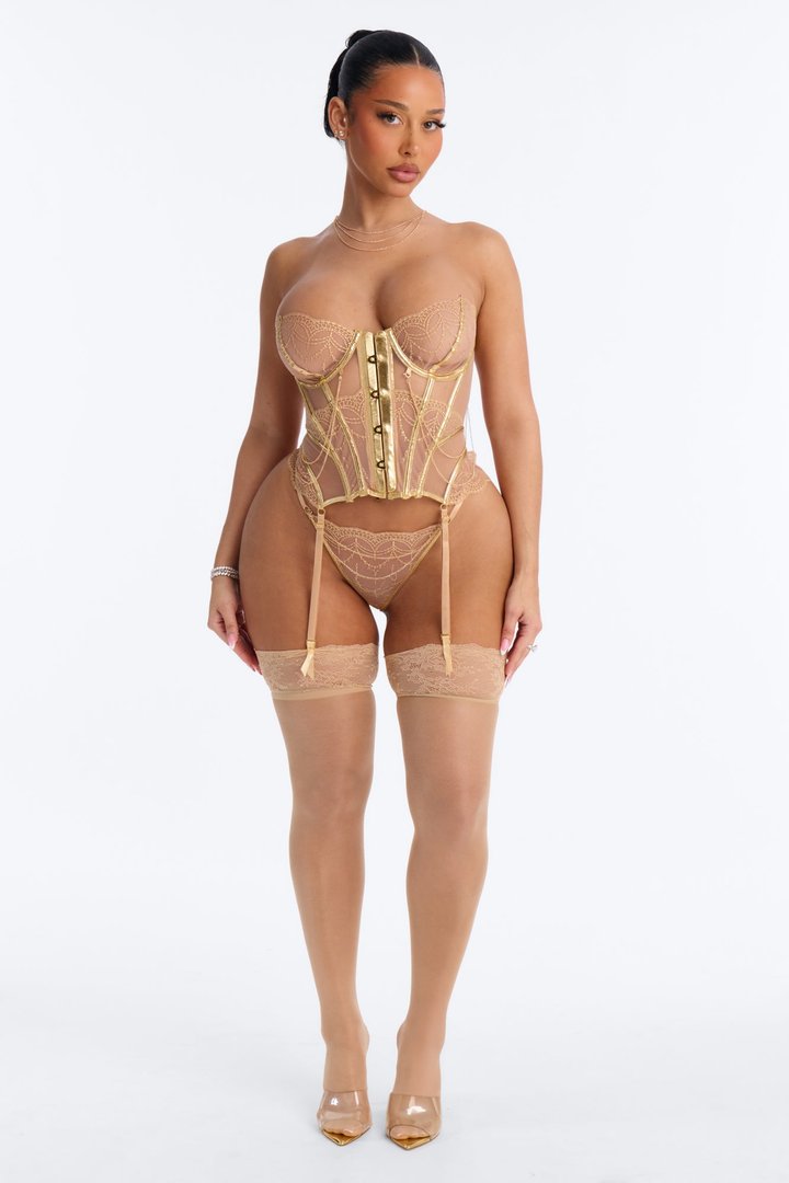 Lucia Mesh Embroidered 3 Piece Corset And Thigh High Set - Gold