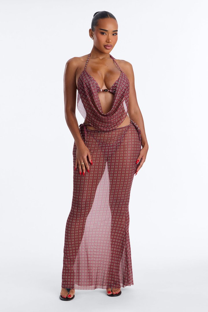 Lola Beaded 3 Piece Triangle Bikini & Mesh Cover Up Skirt Sunsuit - Brown/combo