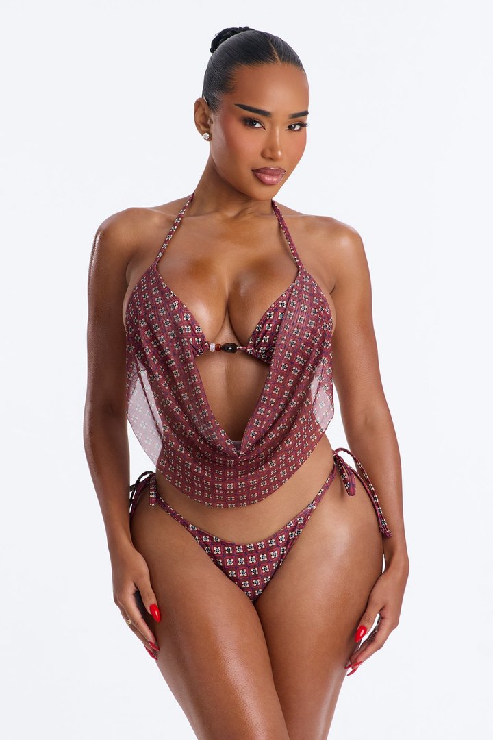 Lola Beaded 3 Piece Triangle Bikini & Mesh Cover Up Skirt Sunsuit - Brown/combo