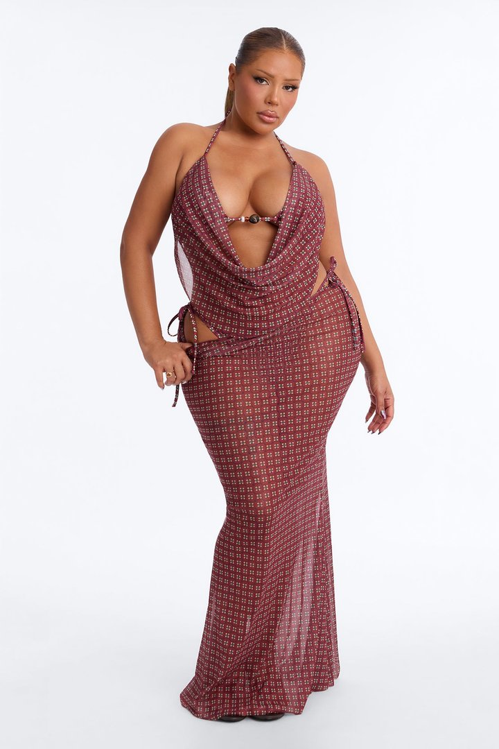 Lola Beaded 3 Piece Triangle Bikini & Mesh Cover Up Skirt Sunsuit - Brown/combo