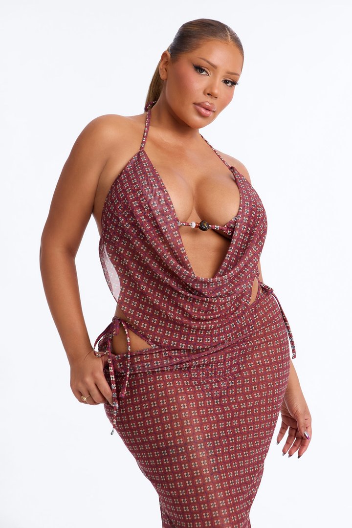 Lola Beaded 3 Piece Triangle Bikini & Mesh Cover Up Skirt Sunsuit - Brown/combo