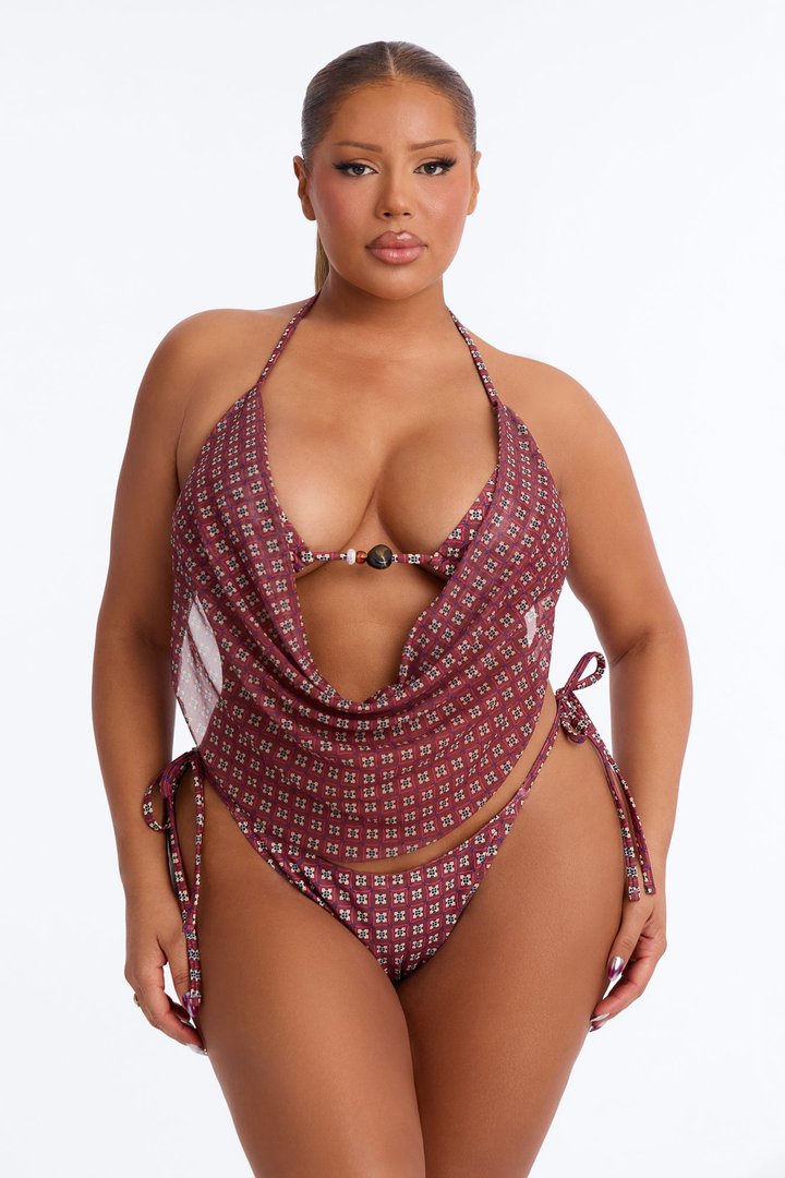 Lola Beaded 3 Piece Triangle Bikini & Mesh Cover Up Skirt Sunsuit - Brown/combo