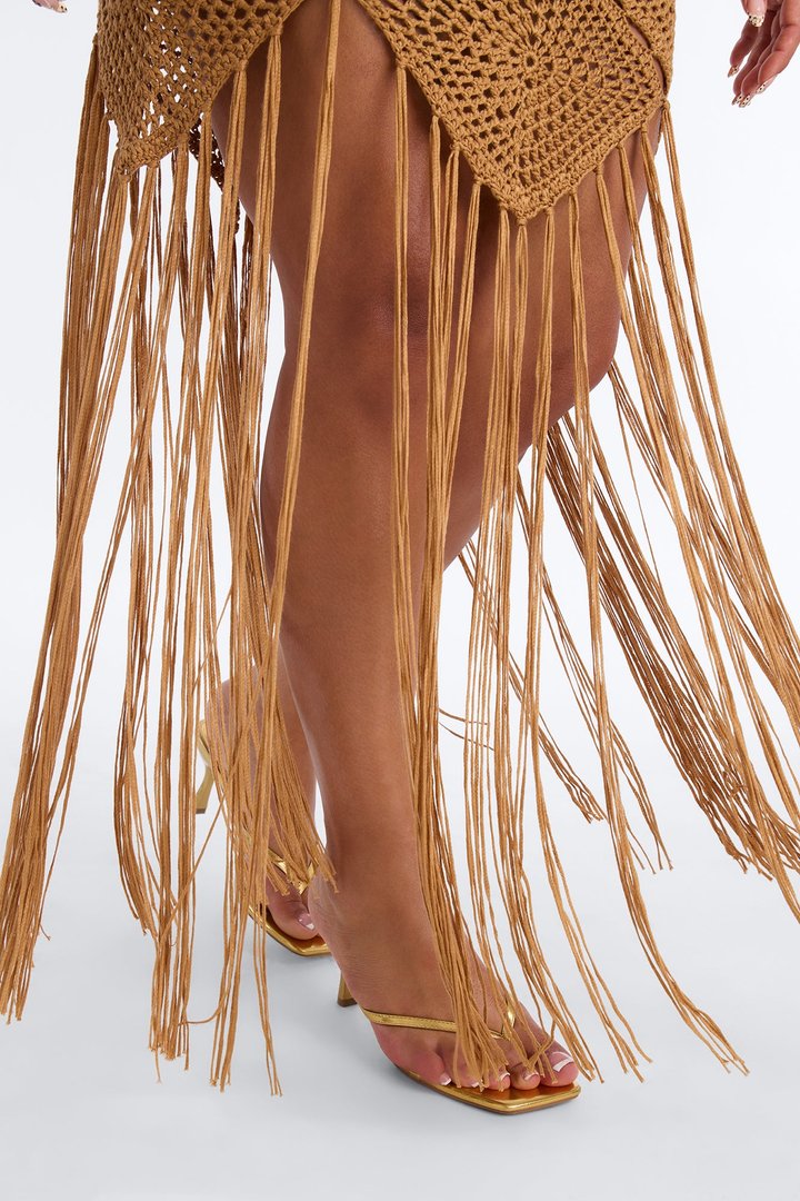 Rosali Crochet Fringe Cover Up Dress - Tan