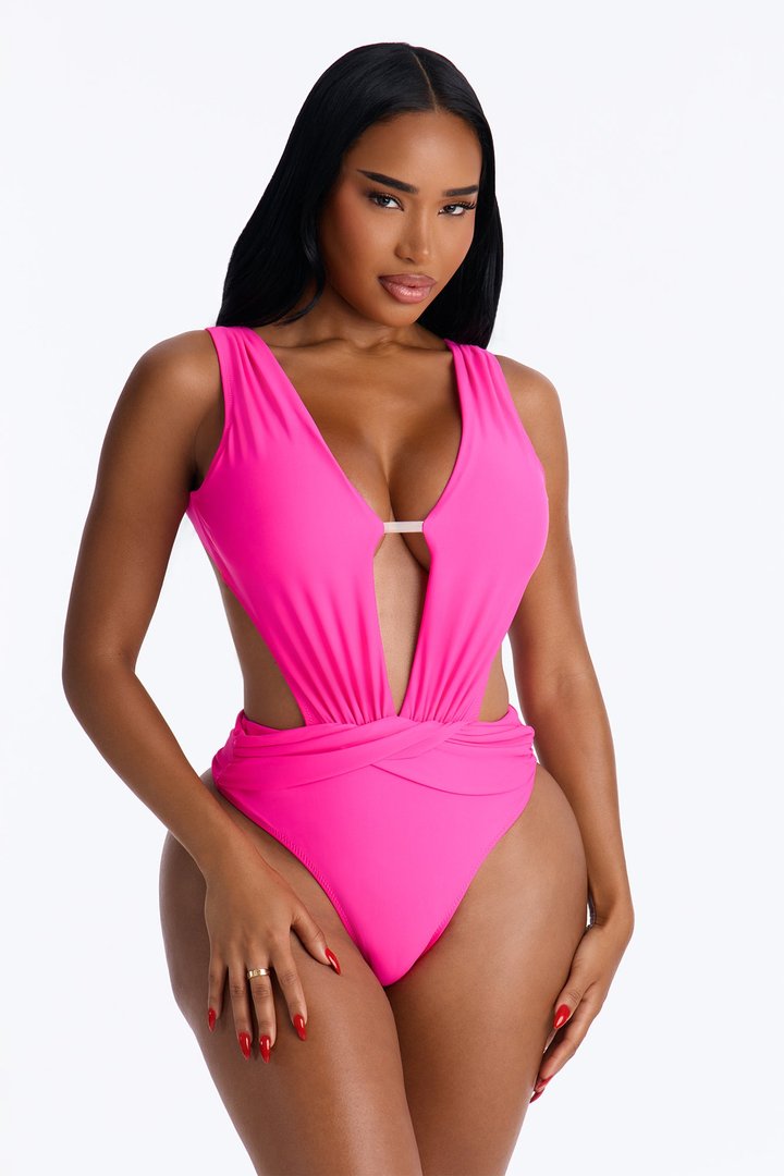 Indigo 1 Piece Cut Out Plunge Swimsuit - Neon Fuchsia