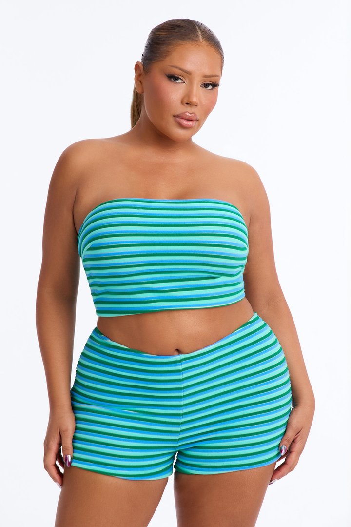 Ivana Striped 2 Piece Bandeau Bikini & Boy Short Set - Blue/combo