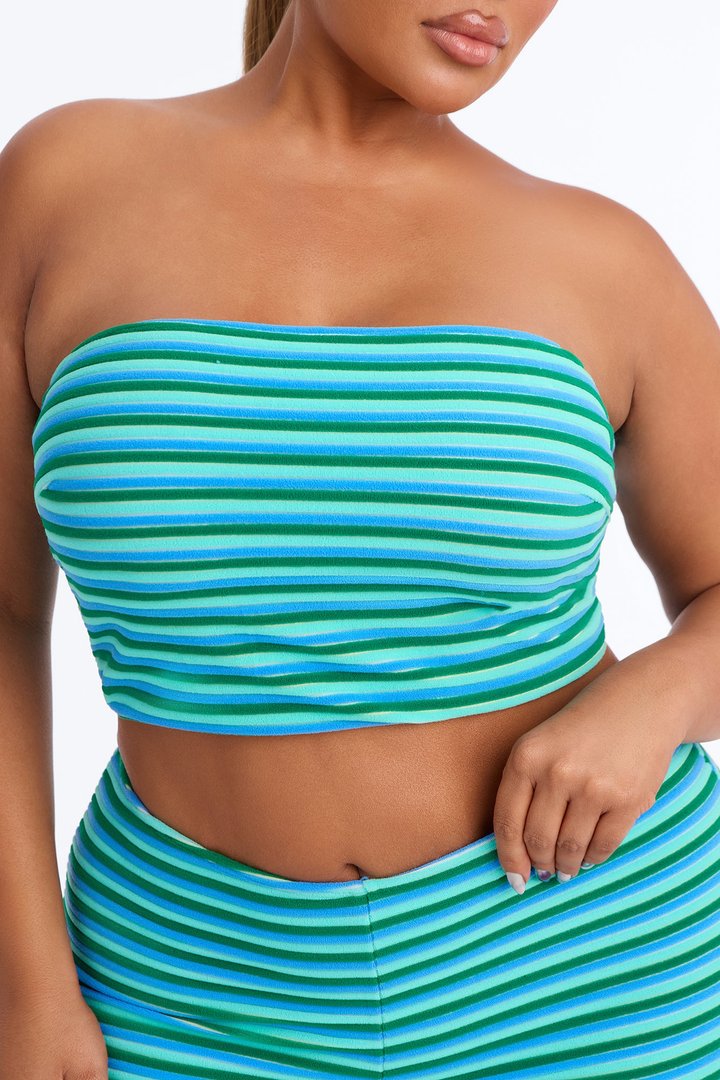 Ivana Striped 2 Piece Bandeau Bikini & Boy Short Set - Blue/combo