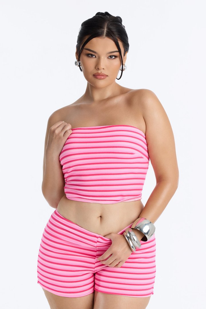 Ivana Striped 2 Piece Bandeau Bikini & Boy Short Set - Pink/combo
