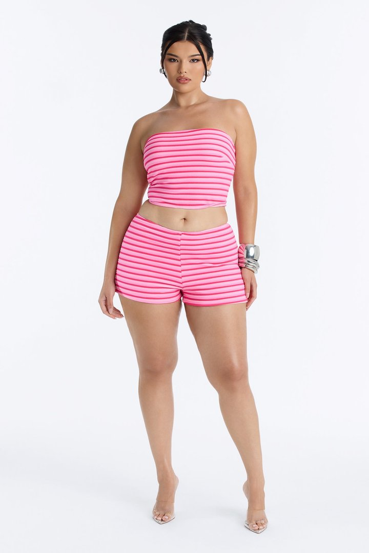 Ivana Striped 2 Piece Bandeau Bikini & Boy Short Set - Pink/combo