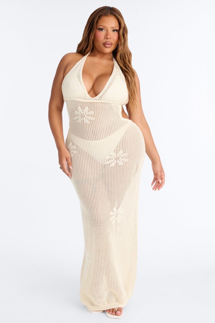 Maren Crochet Swim Cover Up Halter Maxi Dress - Ivory