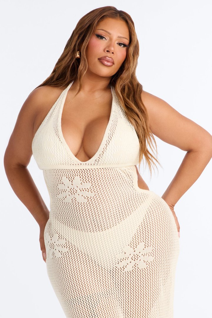 Maren Crochet Swim Cover Up Halter Maxi Dress - Ivory