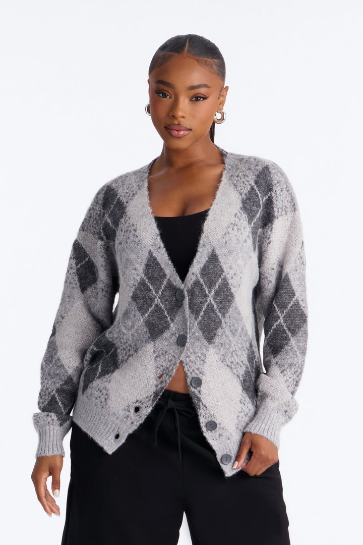 Artsy Argyle Cardigan - Grey/combo