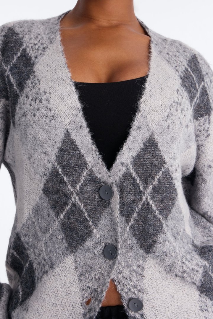 Artsy Argyle Cardigan - Grey/combo